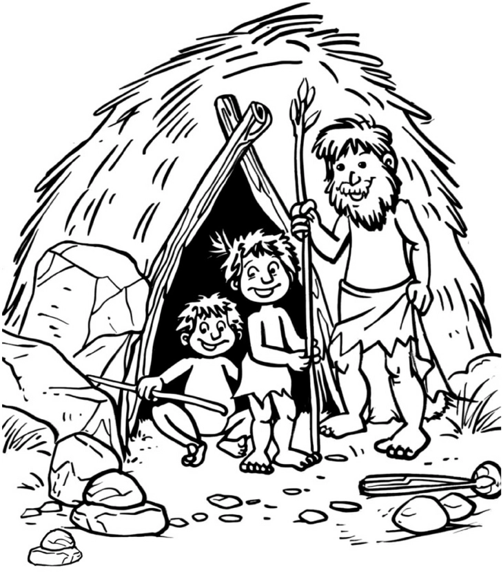 malvorlage-praehistorische-familie-vor-hoehlenhaus