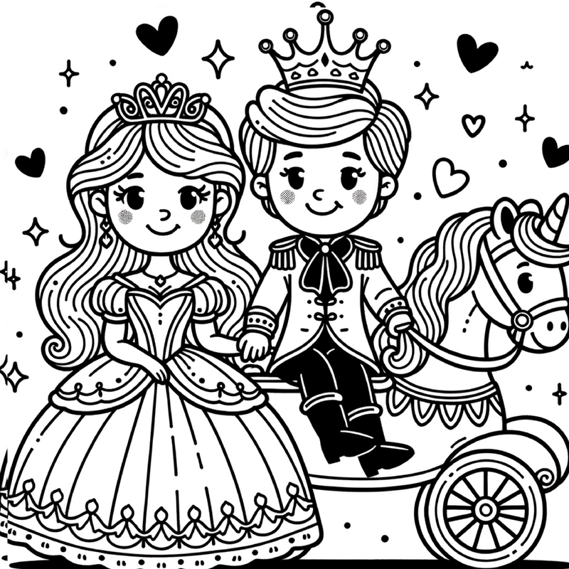 malvorlage-prinzenpaar-auf-pferd-mit-herzen-und-sternen