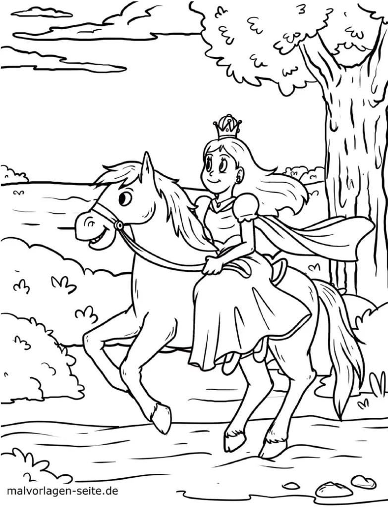 malvorlage-prinzessin-auf-pferd-in-zauberhafter-landschaft