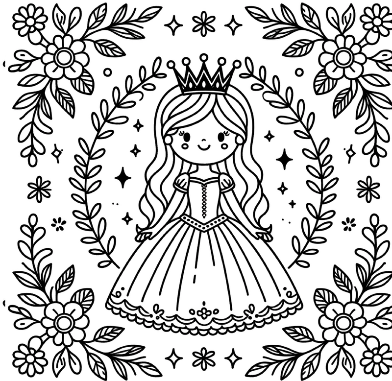 malvorlage-prinzessin-blumen-und-sternen