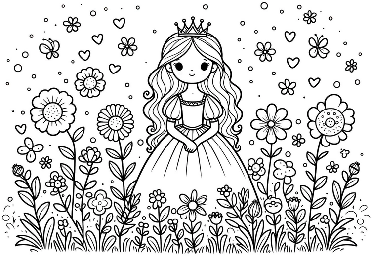 malvorlage-prinzessin-blumen-wiese