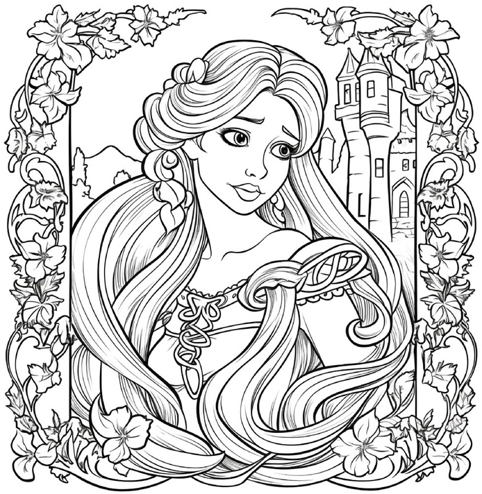 malvorlage-prinzessin-im-blumenrahmen-mit-burg