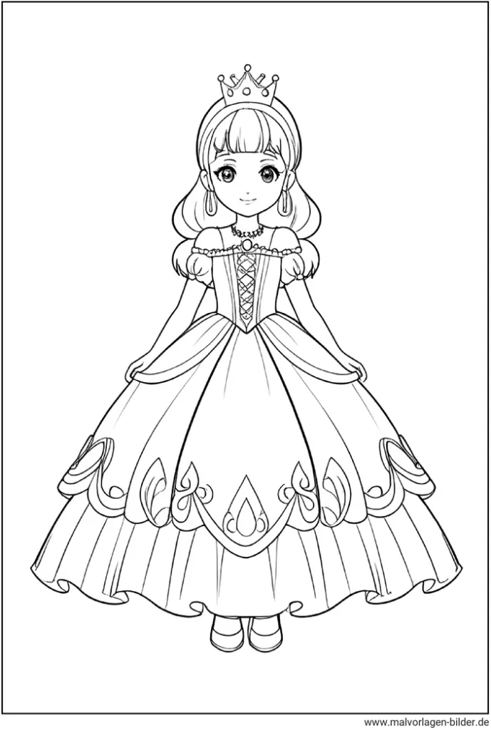 malvorlage-prinzessin-im-eleganten-kleid-mit-krone