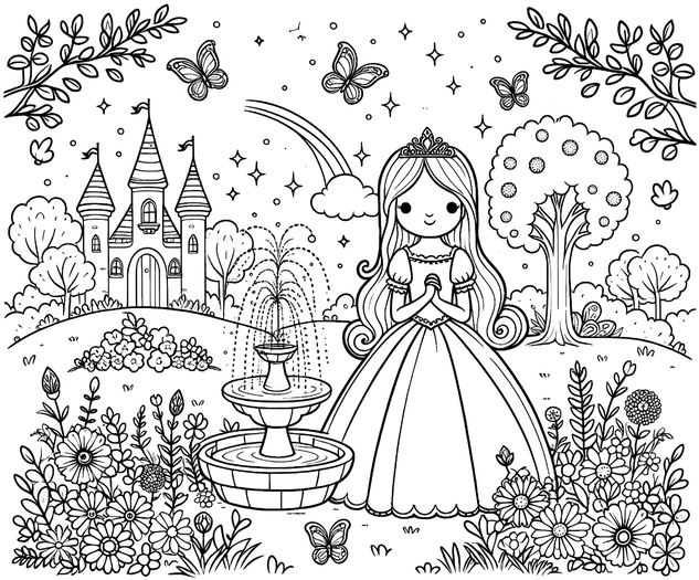 malvorlage-prinzessin-im-maerchenland-mit-schloss-und-garten