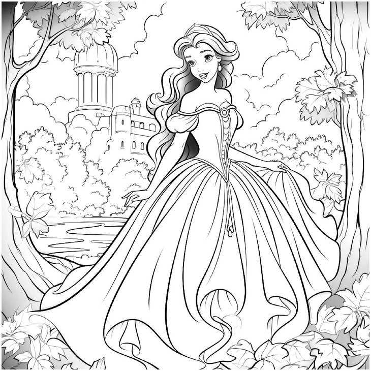 malvorlage-prinzessin-im-schloss-mit-maerchenhaftem-hintergrund
