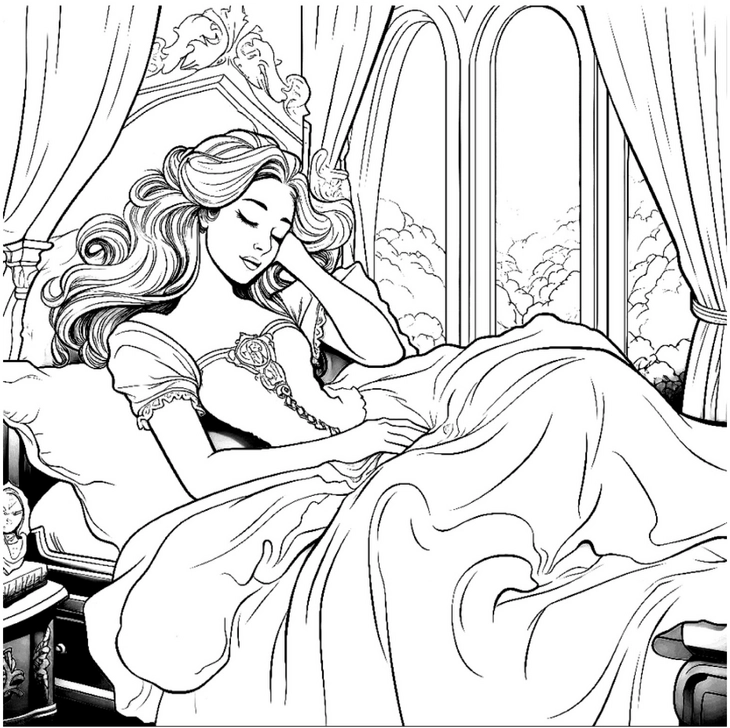 malvorlage-prinzessin-im-traumland-mit-fenster-und-wolken