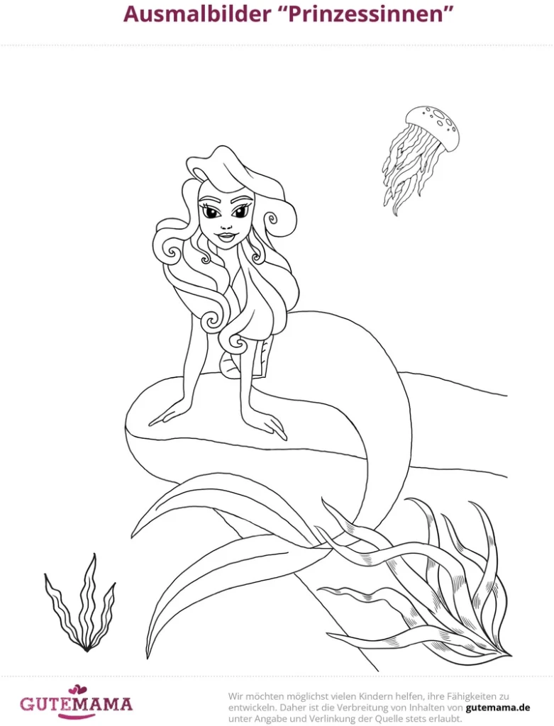 malvorlage-prinzessin-im-unterwasserreich-mit-quallen-und-algen