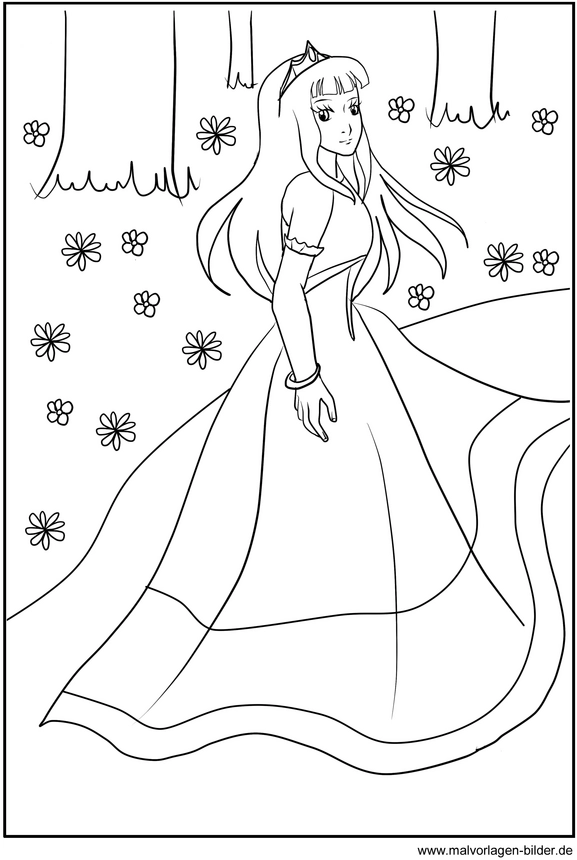 malvorlage-prinzessin-in-bluehender-landschaft