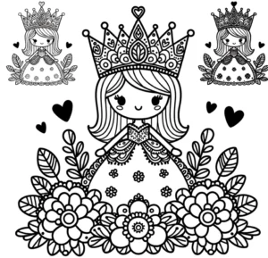 malvorlage-prinzessin-mit-blumen-und-herzen-zum-ausmalen