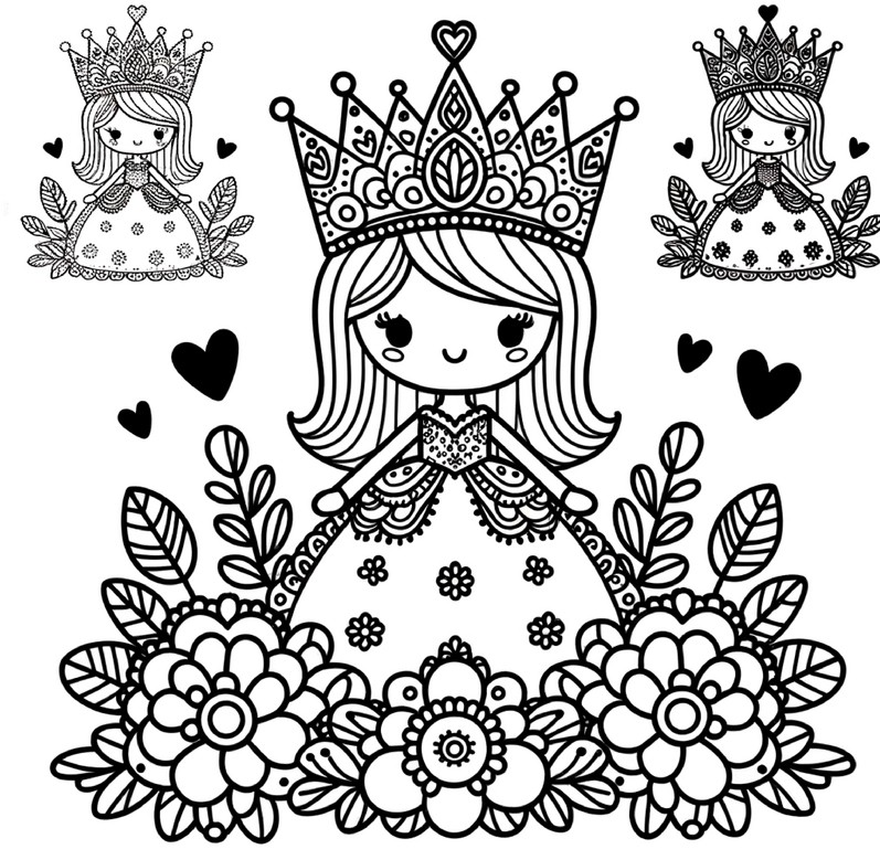 malvorlage-prinzessin-mit-blumen-und-herzen-zum-ausmalen