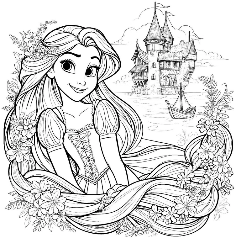 malvorlage-prinzessin-mit-blumen-und-schloss