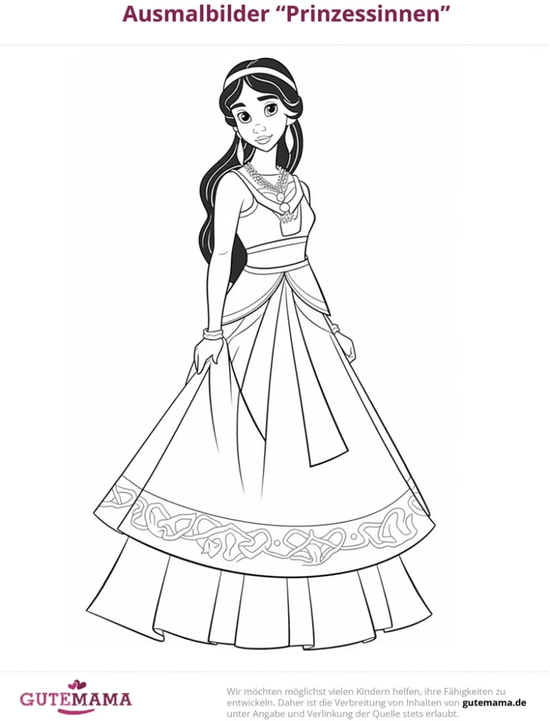 malvorlage-prinzessin-mit-detailliertem-kleid-und-fantasievollen-elementen