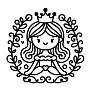 malvorlage-prinzessin-mit-krone-und-pflanzenrahmen
