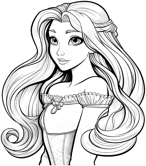 malvorlage-prinzessin-mit-langen-haaren-und-maerchen-elementen