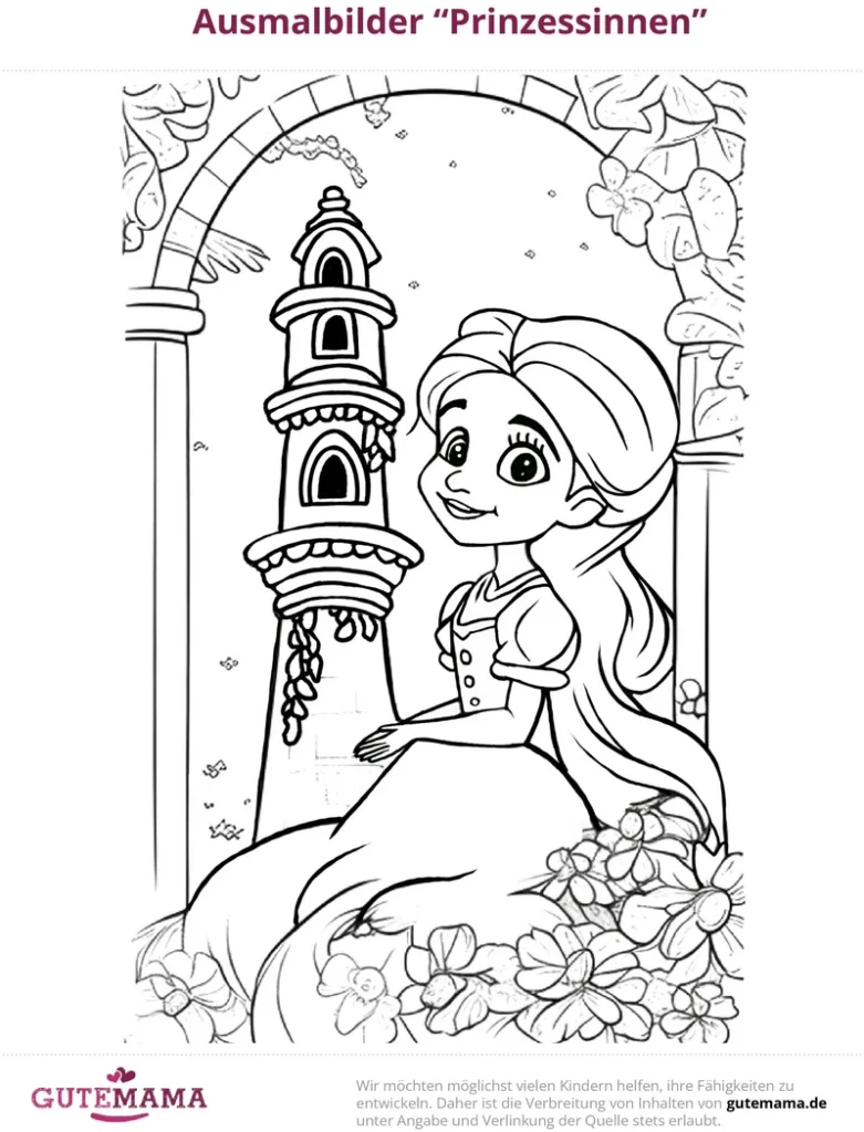 malvorlage-prinzessin-mit-turm-und-blumen