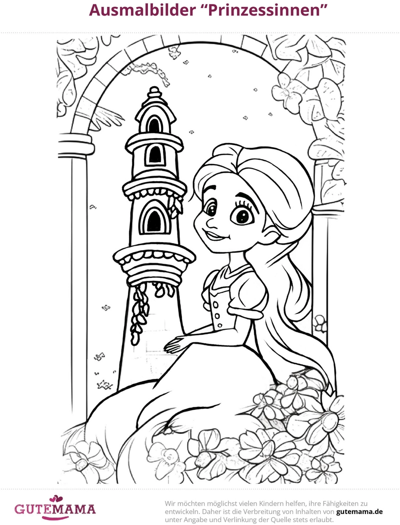 malvorlage-prinzessin-mit-turm-und-blumen