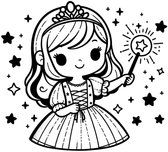malvorlage-prinzessin-mit-zauberstab-und-sternen
