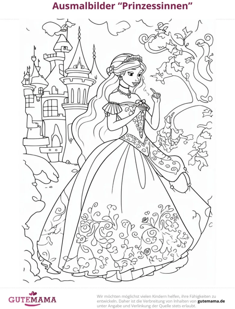 malvorlage-prinzessin-vor-schloss-mit-details