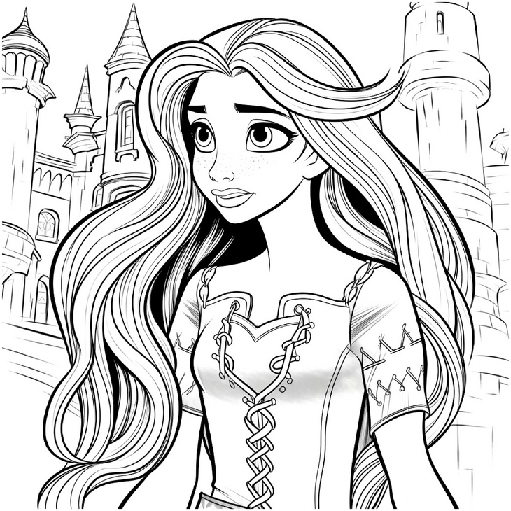 malvorlage-prinzessin-vor-schloss-mit-langen-haaren