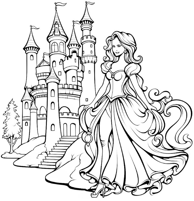 malvorlage-prinzessin-vor-schloss-mit-maerchenmotiv