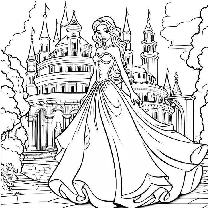 malvorlage-prinzessin-vor-schloss-mit-vielen-tuerme