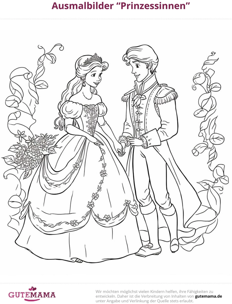 malvorlage-prinzessinnen-mit-romantischem-paar-und-blumen