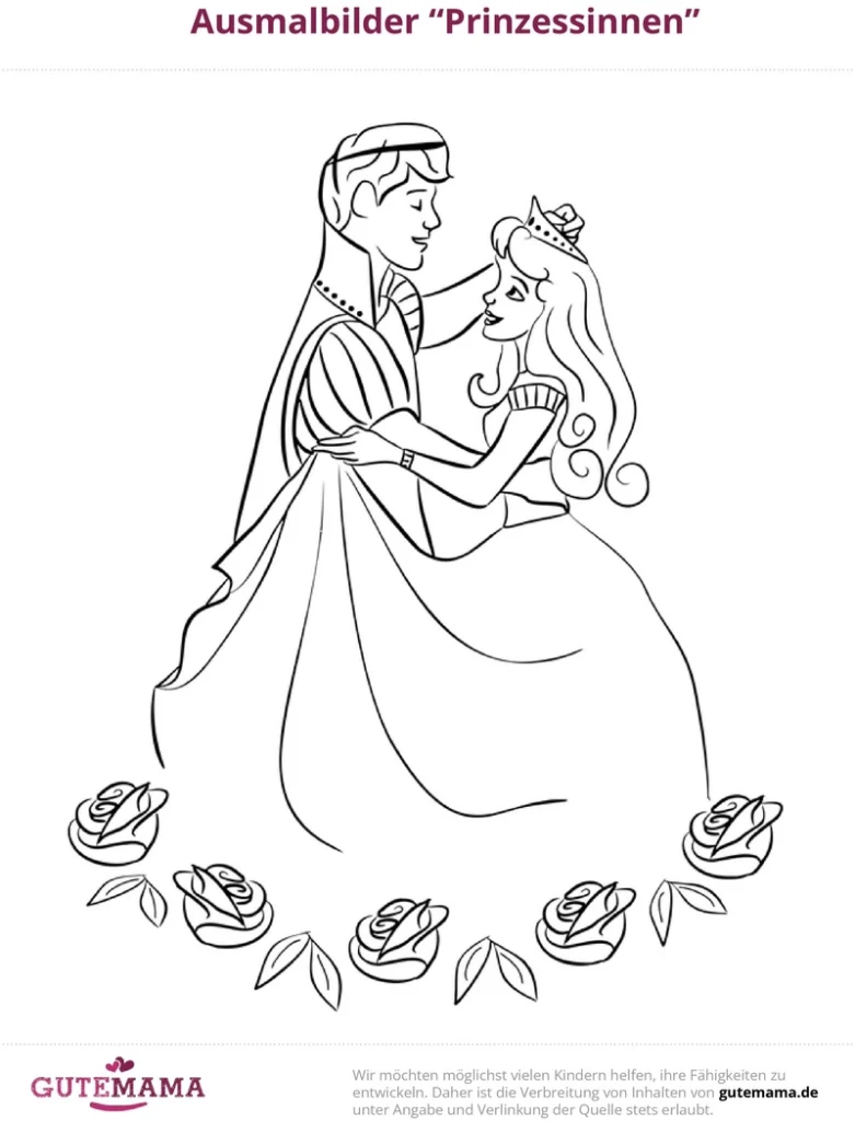 malvorlage-prinzessinnen-und-prinzen-im-tanz-rosen