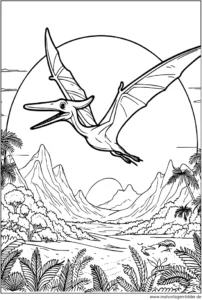 malvorlage-pteranodon-in-der-natur-mit-bergen-und-sonne