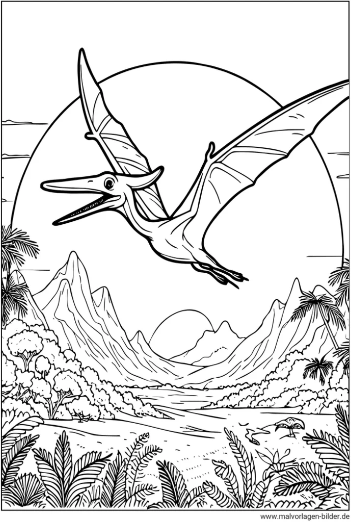 malvorlage-pteranodon-in-der-natur-mit-bergen-und-sonne