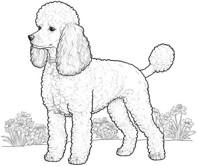 malvorlage-pudel-im-garten-mit-bunten-blumen