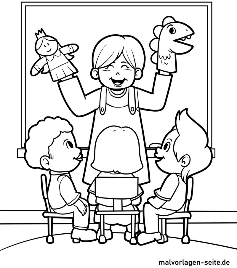 malvorlage-puppentheater-mit-lehrerin-und-kindern