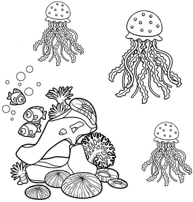 malvorlage-quallen-und-meeresbewohner-im-ozean