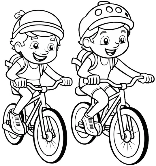 malvorlage-radfahrende-kinder-mit-helm-und-rucksack