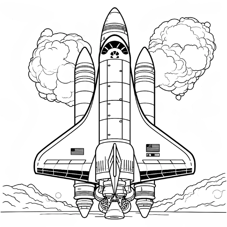 malvorlage-rakete-im-weltall-mit-triebwerken-und-rauch