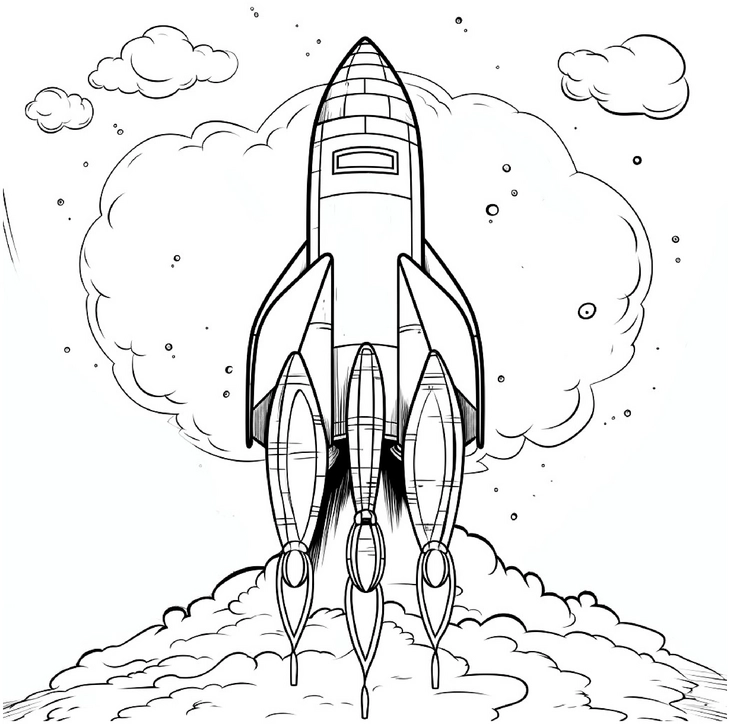 malvorlage-rakete-im-weltall-mit-wolken