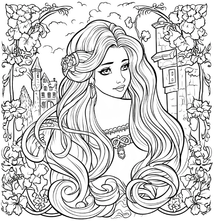 malvorlage-rapunzel-mit-blumen-und-schloss