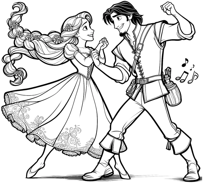 malvorlage-rapunzel-mit-blumen-und-tanzelementen