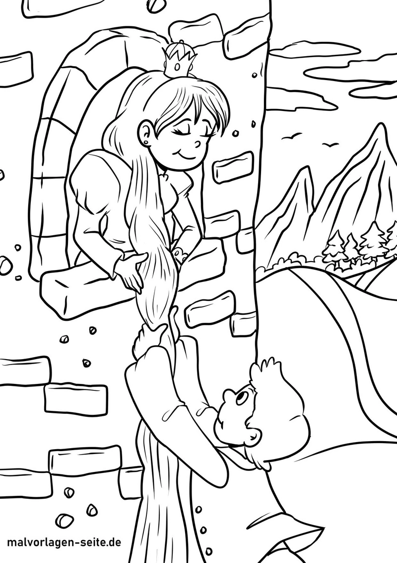 malvorlage-rapunzel-mit-langem-haar-und-prinz