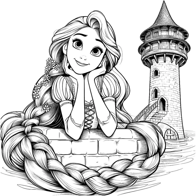 malvorlage-rapunzel-mit-turm-und-haaren