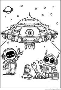 malvorlage-raumschiff-mit-robotern-ausmalen
