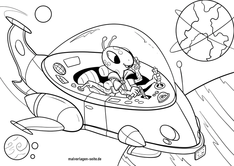 malvorlage-raumschiff-und-alien-im-weltall