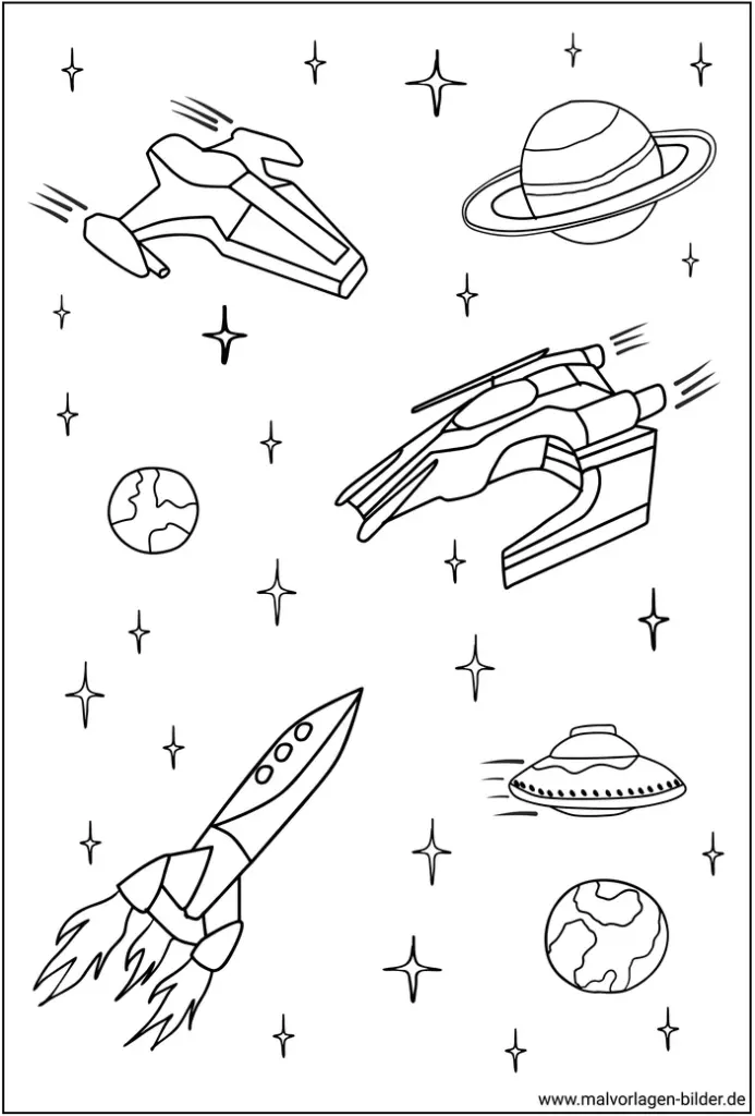 malvorlage-raumschiffe-und-planeten-im-weltraum