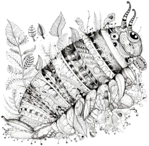 malvorlage-raupe-mit-pflanzen-und-mustern