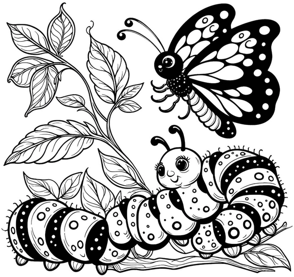 malvorlage-raupe-und-schmetterling-mit-pflanzen