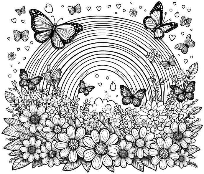 malvorlage-regenbogen-schmetterlinge-blumen