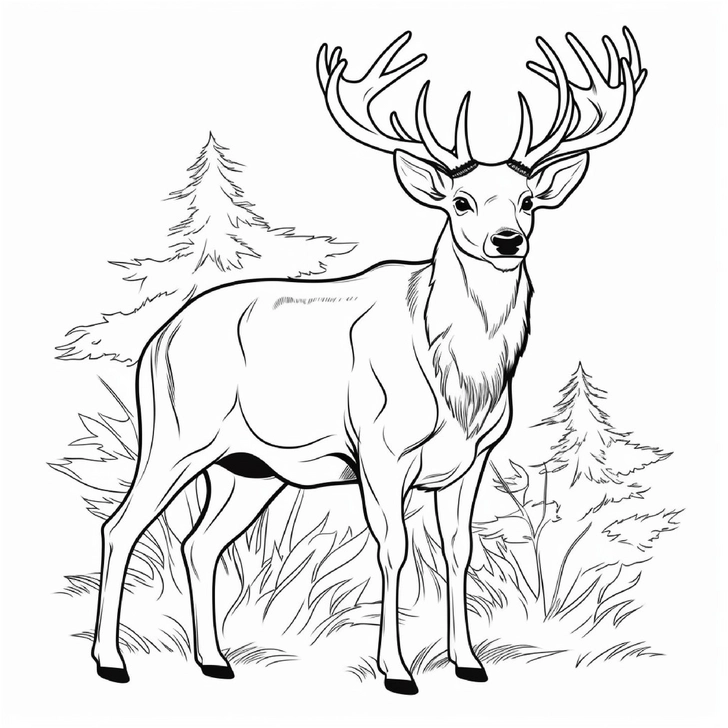 malvorlage-reh-in-der-natur-mit-baeumen-und-gras