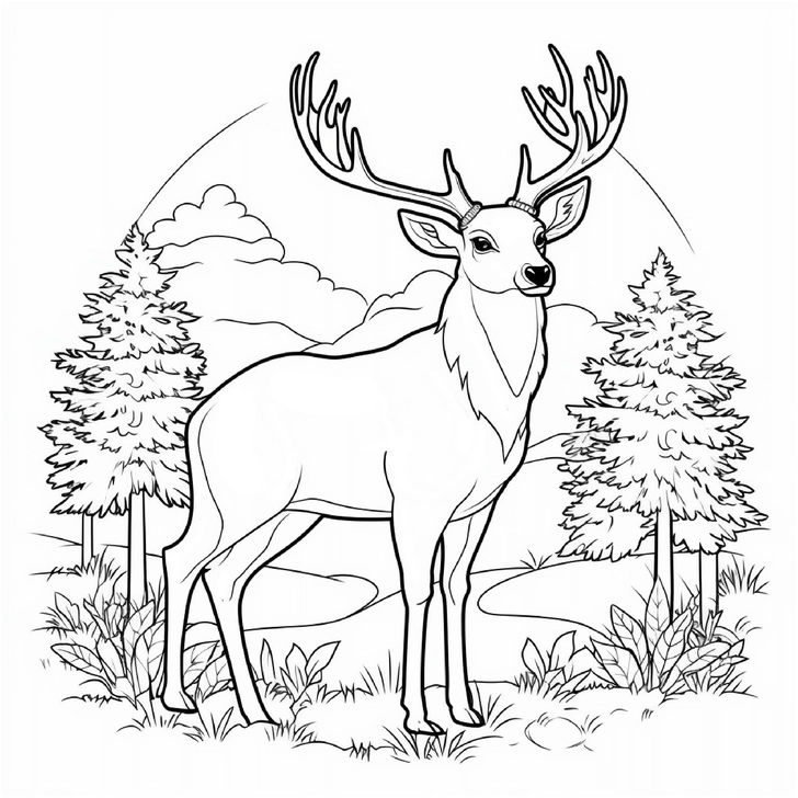 malvorlage-reh-in-der-natur-mit-baeumen-und-landschaft