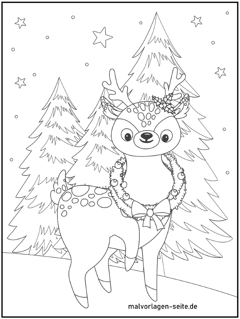 malvorlage-reh-in-winterlandschaft-mit-weihnachtskranz