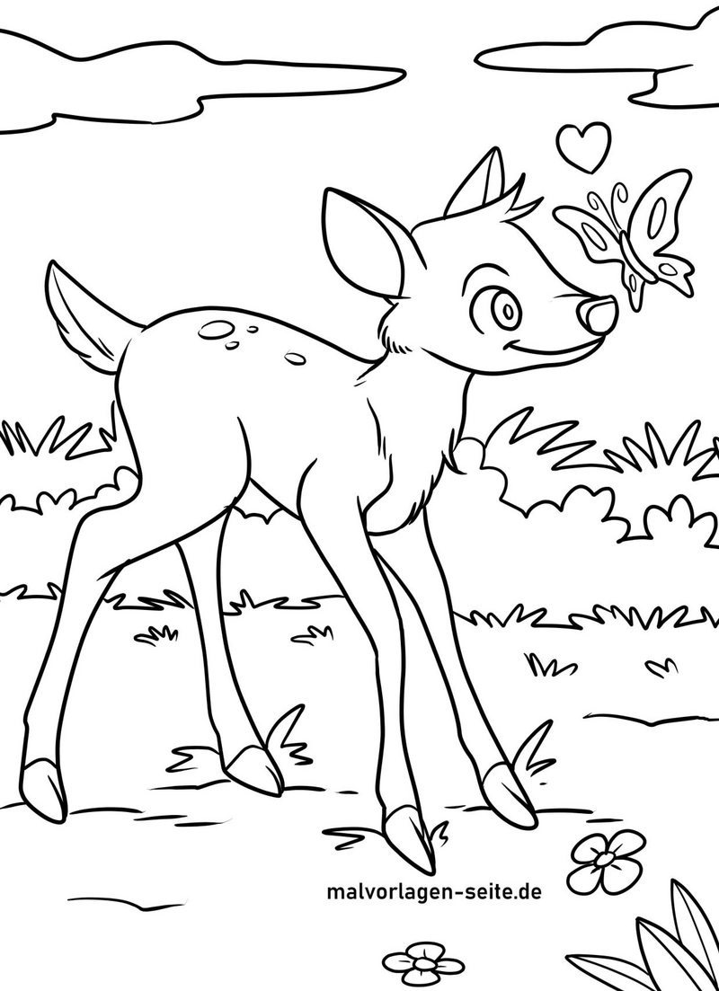 malvorlage-rehkitz-mit-schmetterling-in-der-natur