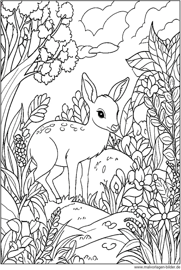 malvorlage-rehkitz-natur-blumen-baume